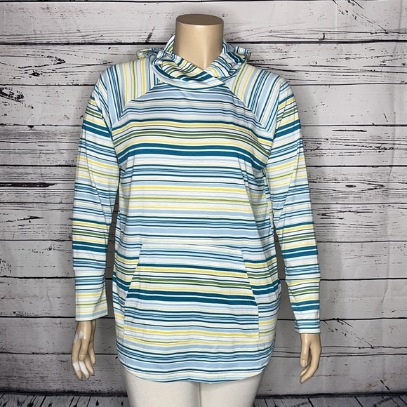 LuLaRoe Size XL Blue & Yellow Stripe Amber Hoodie Sweatshirt - Picture 2 of 5
